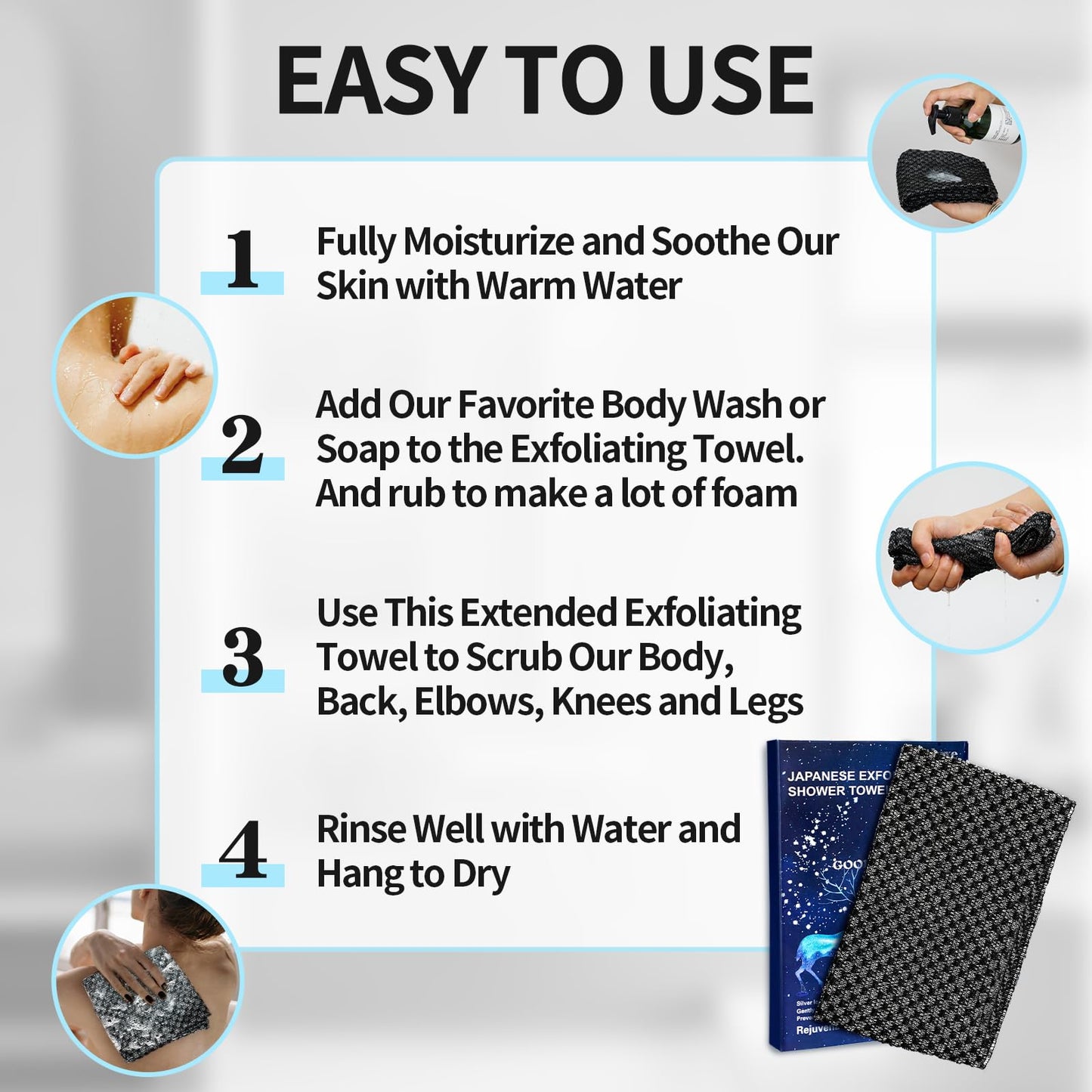 Adanluxe Exfoliating Washcloth Shower Towels, Premium Japanese Exfoliating Body Scrubber, Upgraded Loofah Sponge Rich in Silver Ion and Carbon Fiber, Face & Body Scrub Exfoliator with 2 Levels, Longer