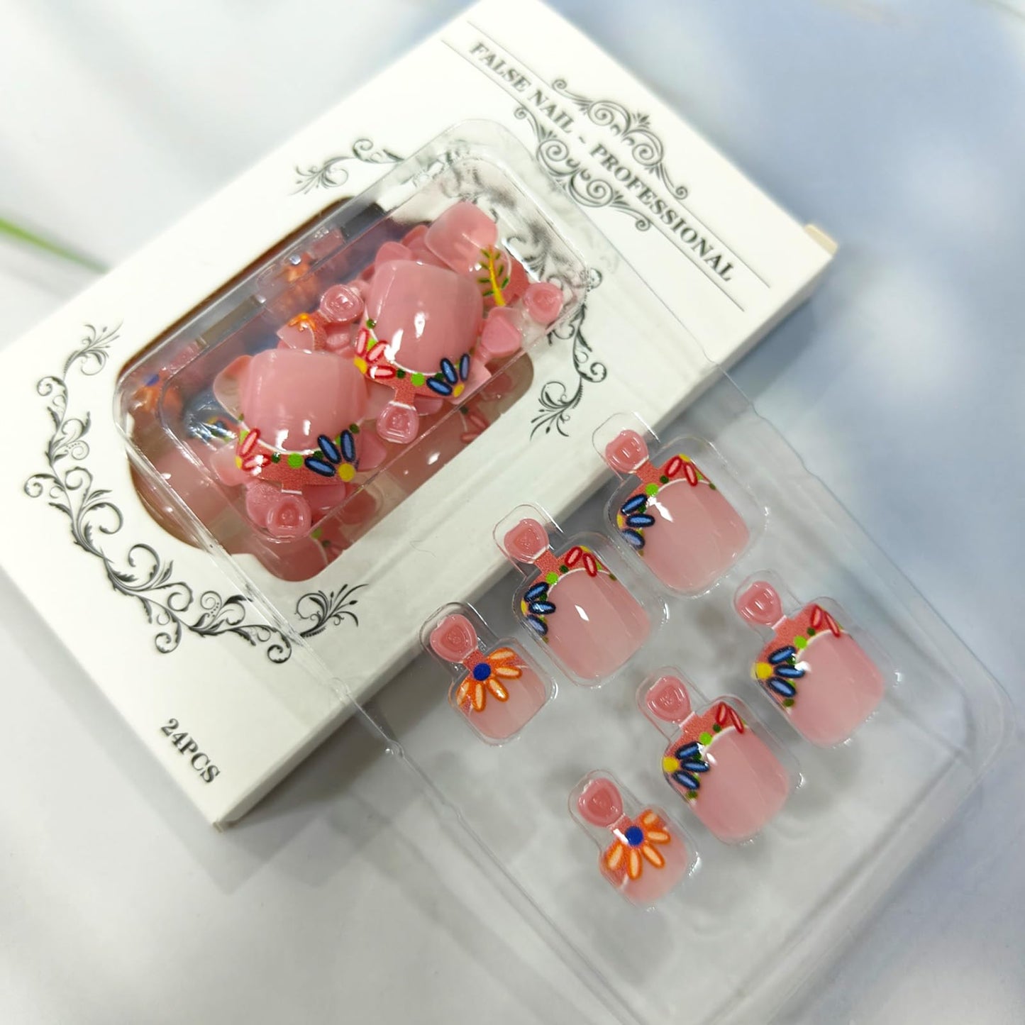 Colorful Flower French Tip Press on Toenails Square Fake Toe Nails Summer Floral False Toenails Glossy Acrylic Toe Nails Reusable Full Cover Artificial Toenails for Coquette Women 24Pcs