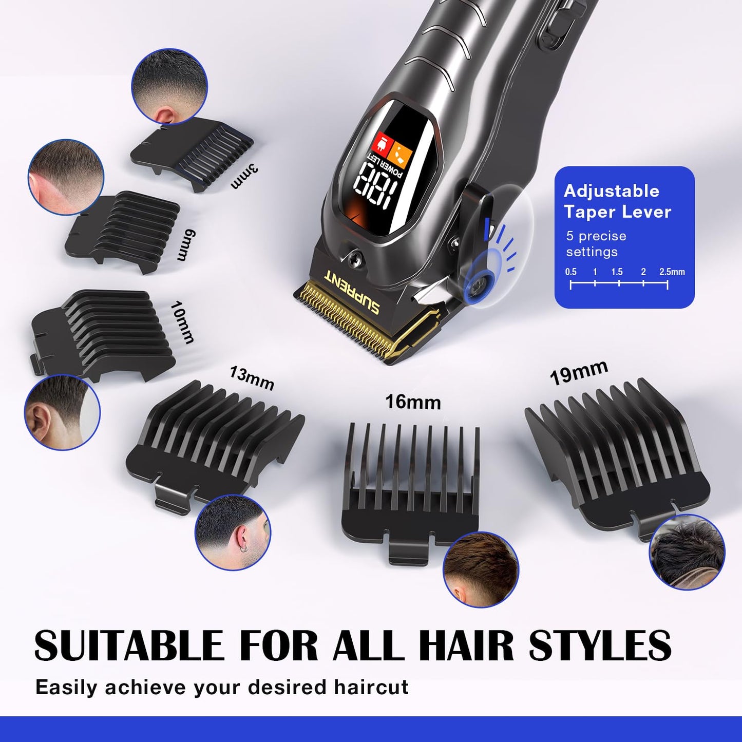 SUPRENT Hair Clippers Set for Men, Rechargeble USB-C Hair Trimmer for Professionals & Homecuts, LED Display (Black)