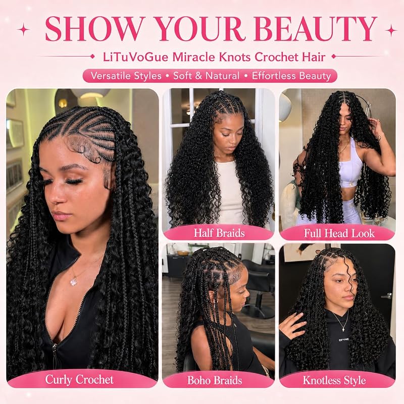 16 Inch Feather Crochet Hair for Black Women - Deep Wave Miracle Knots, 1B Natural Black, 60 Strands