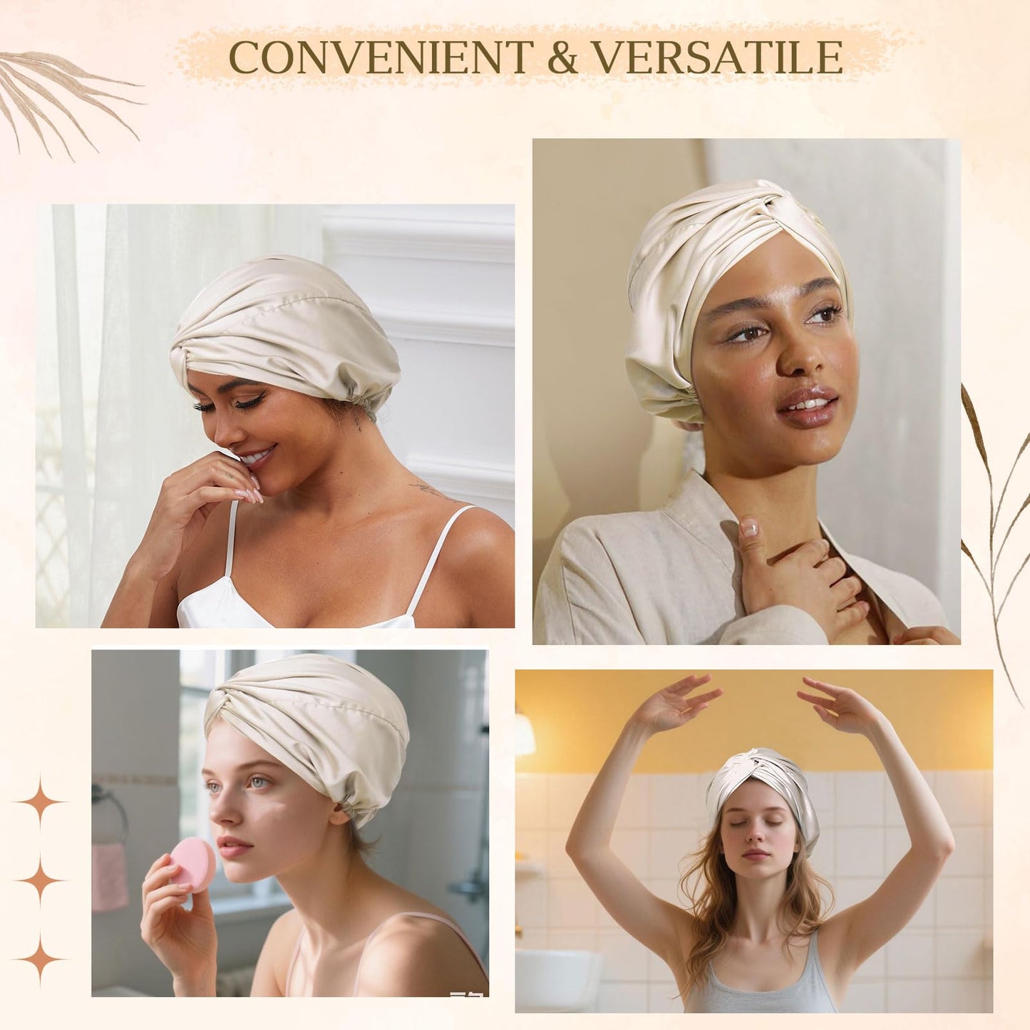 ZXYCLOPS Adjustable double-layer silk satin nightcap, suitable for wrapping hair while sleeping, for long curly hair, woven champagne color