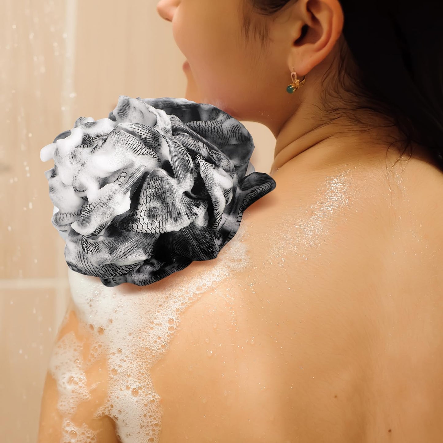 Funnymoom 12 Pcs Travel Size Loofah Individually Wrapped, Small Shower Puff Bath Sponge Pouf Ball Bulk Mesh Bath Puff Mini Loofah Sponge with Case Bulk for Shower Care (25g,Black)