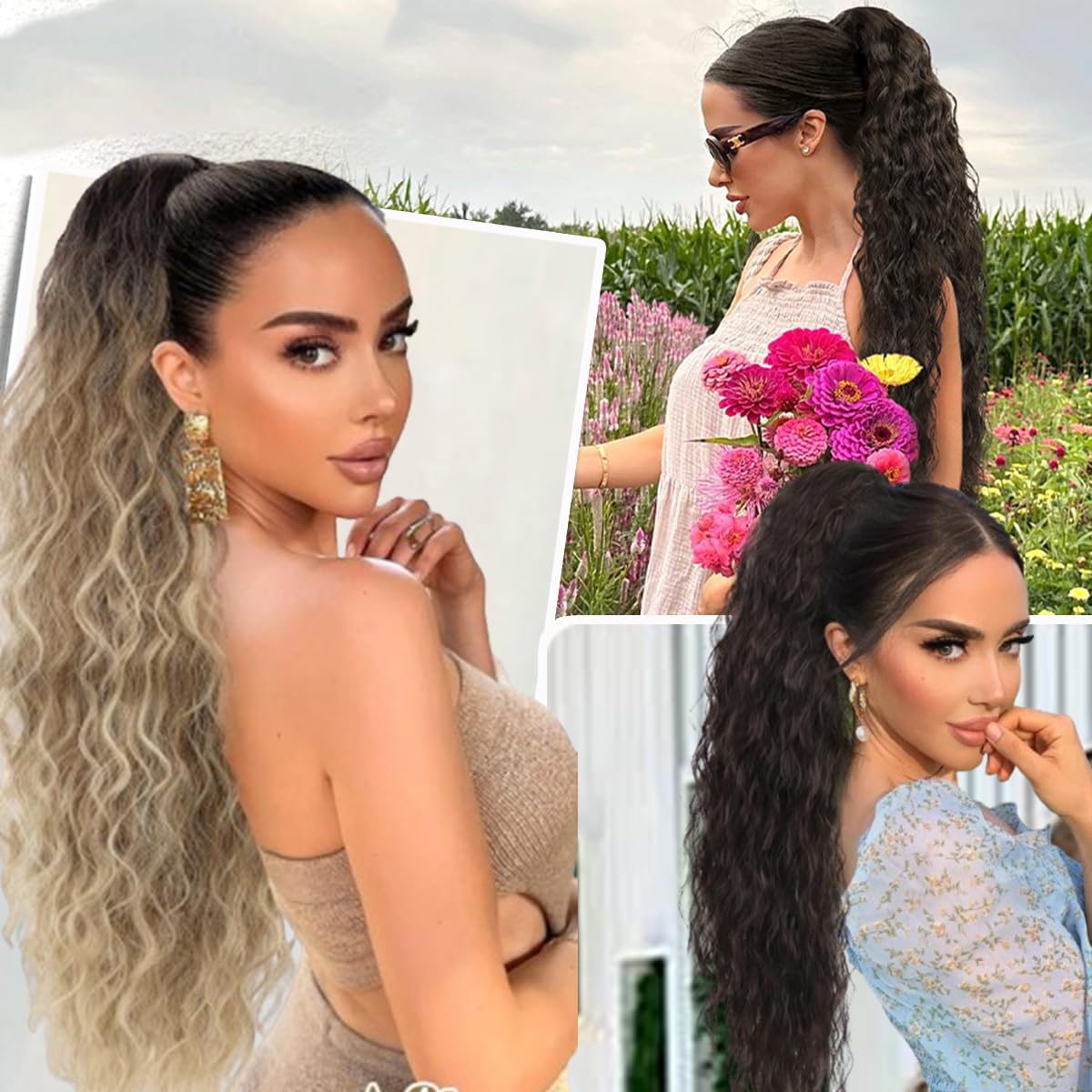 HEVAYO KISS Claw Clip Ponytail Extension 30Inch Omber Burgundy Pony Tails Hair Extensions Long Curly Synthetic Hairpieces for Women