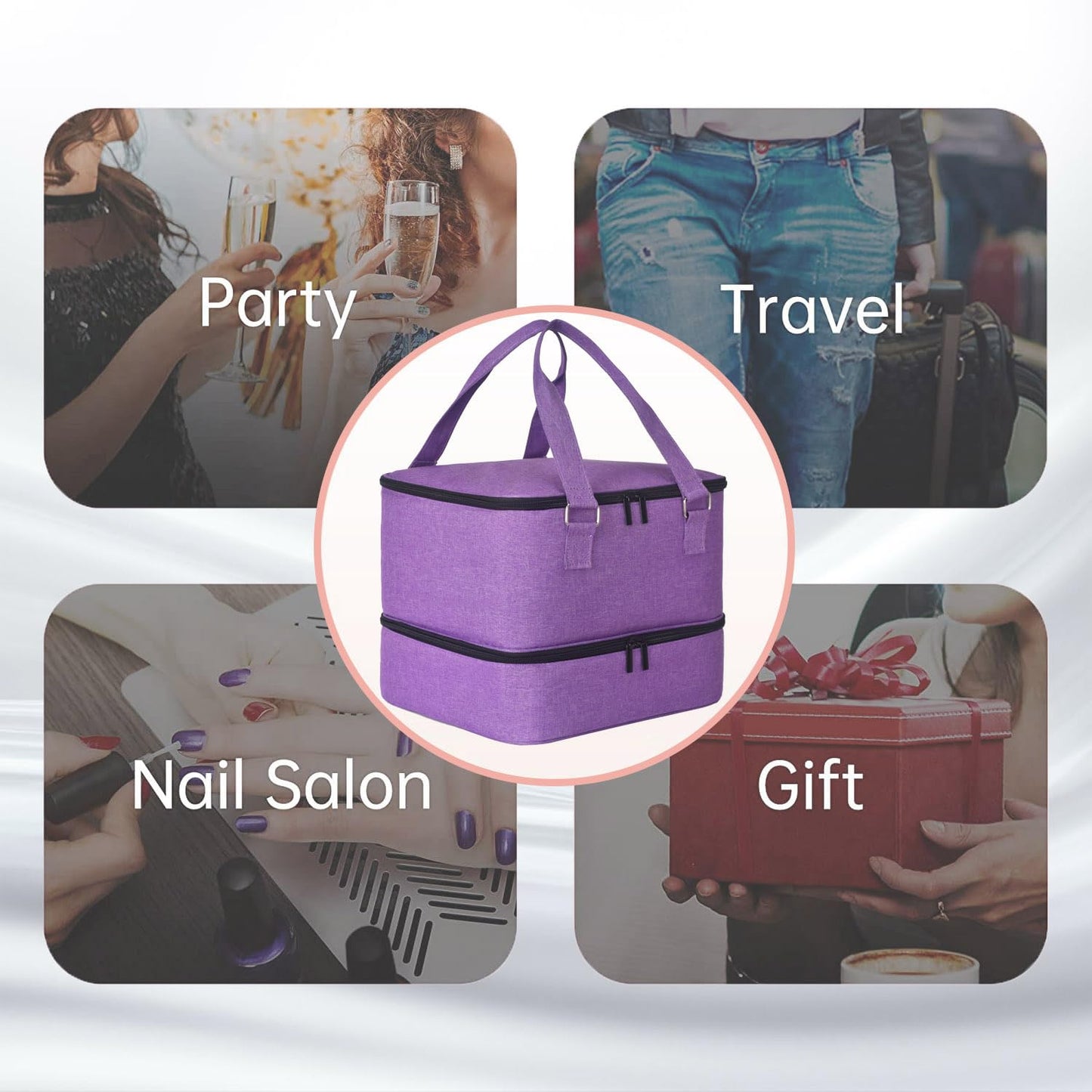 Nail Polish Organizer Bag with Travel Case for 30+ Bottles & Nail Lamp - Purple