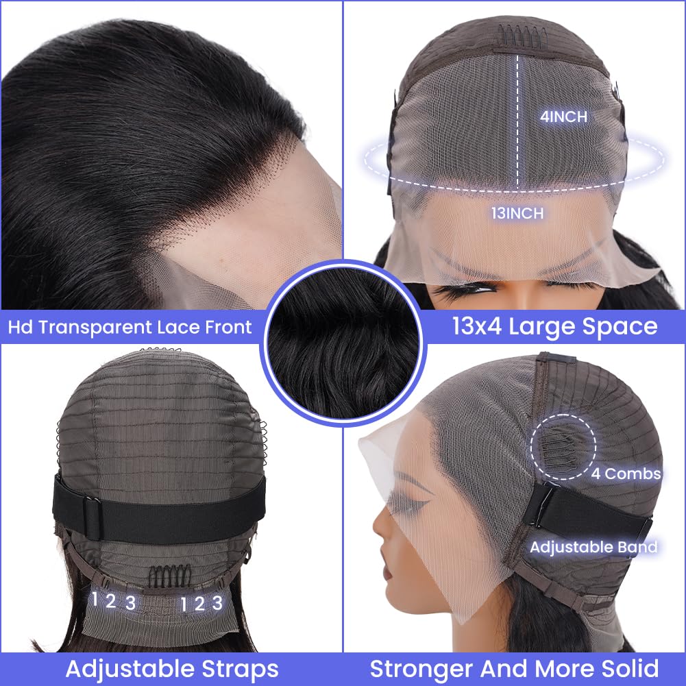 FASCARA 13x4 Body Wave Lace Front Wigs Human Hair Pre Plucked 180% Density HD Transparent Lace Frontal Wigs for Women, 9A, Small Bleached Knots, with Baby Hair, 18 Inch, Natural Color