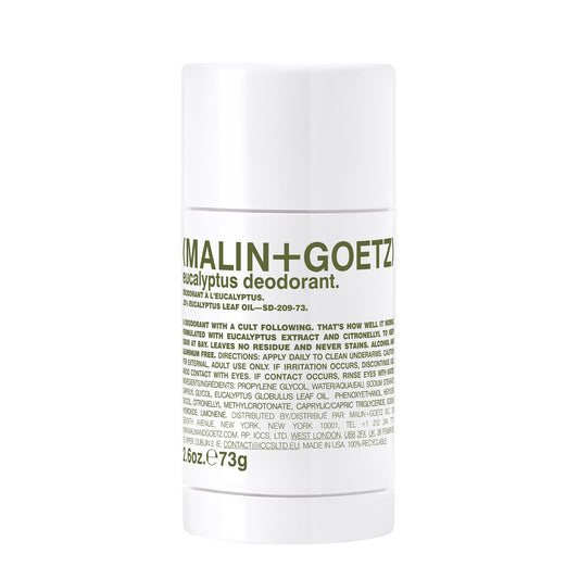 Malin + Goetz Eucalyptus Deodorant, natural effective odor & sweat defense, for all skin types, clear color, no residue/stains, free of aluminum, alcohol, baking soda, parabens, cruelty free 2.6 Fl Oz