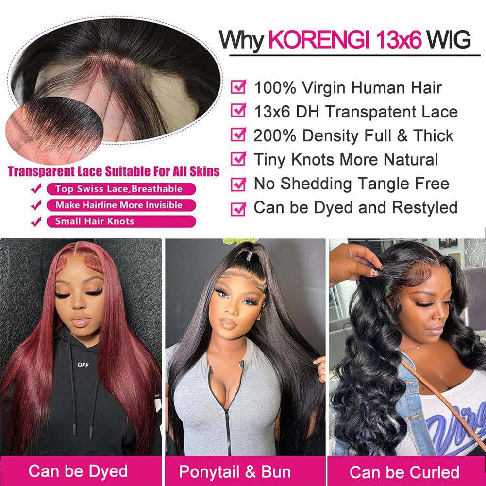 KORENGI 13x6 Lace Front Wigs Human Hair 200 Density Straight 13x6 HD Transparent Lace Frontal Glueless Wig Bralizian Human Hair Tiny Knots Natural Hairline with BabyHair (1B Black, 30 Inch)