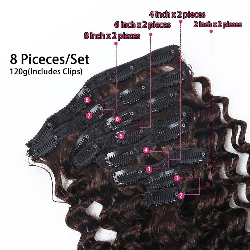 Clip-In Hair Extensions Real Human Hair 22in Double Weft Brazilian Deep Wave - 8Pcs 120g Dark Brown DW+22 Inch-120g