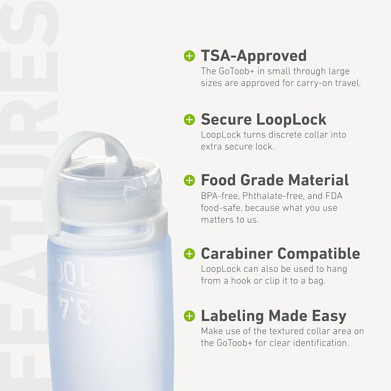 GoToob+ 3-Pack Medium (2.5 fl oz) Travel Bottles - Clear/Green/Blue, with LoopLock
