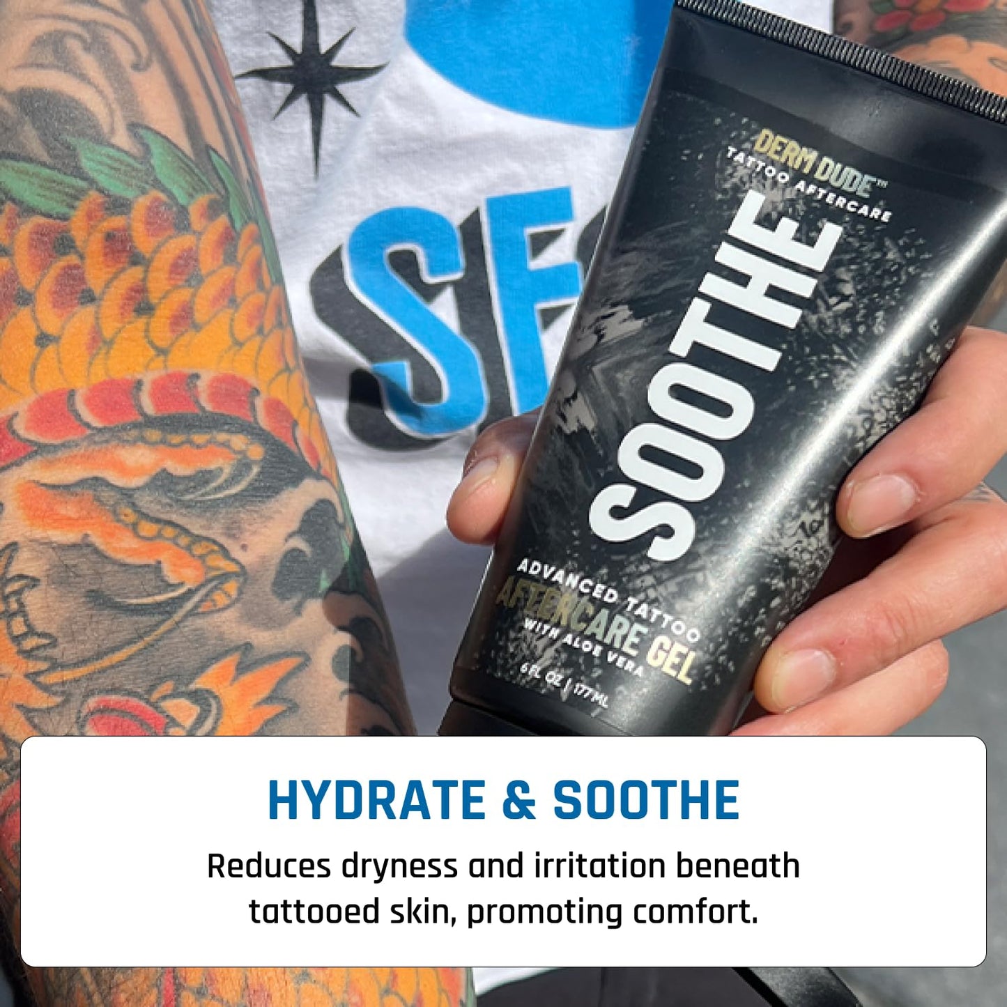 Derm Dude Advanced Tattoo Soothing Gel | Alleviates Itchiness Redness & Irritation | Moisturizing & Cooling Non-Greasy Formula with Aloe Vera, Cucumber & Vitamin C | For New & Existing Tattoos - 6 oz