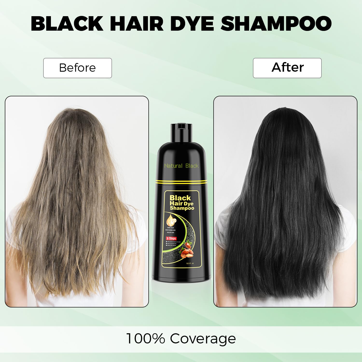 Black Hair Dye Shampoo 3 in 1，Argan Herbal Hair Color Shampoo Covers Gray Hair for Women and Men (16.9 fl.oz Black)