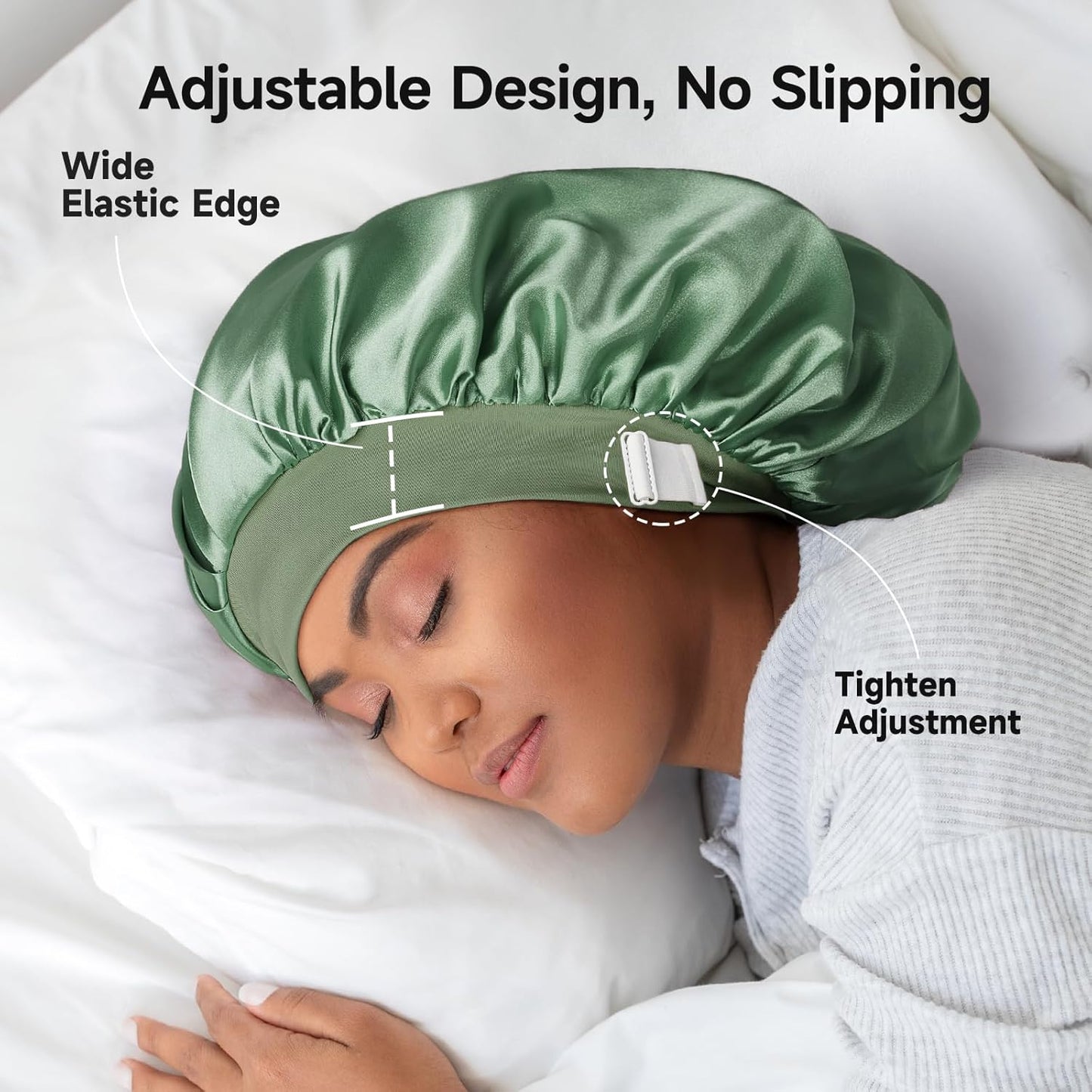 22 Momme Mulberry Silk Bonnet for Women - Double-Sided Non-Slip Sleep Cap for Long Curly Hair, Adjustable Band, Ebony