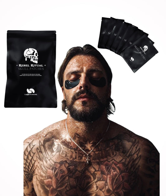 Rebel Ritual Under Eye Patch: men's under eye patch, brightens under eyes, anti-aging, collagen, charcoal, sea moss, Vitamins A, C, E, & K, reduces puffiness, moisturizes, all skin types