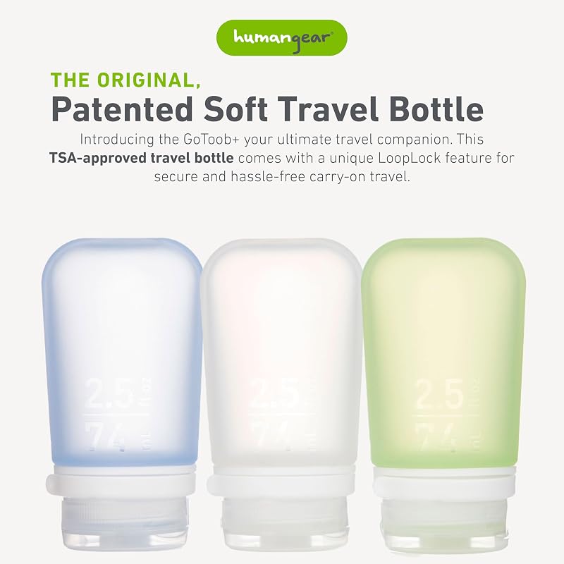 GoToob+ 3-Pack Medium (2.5 fl oz) Travel Bottles - Clear/Green/Blue, with LoopLock