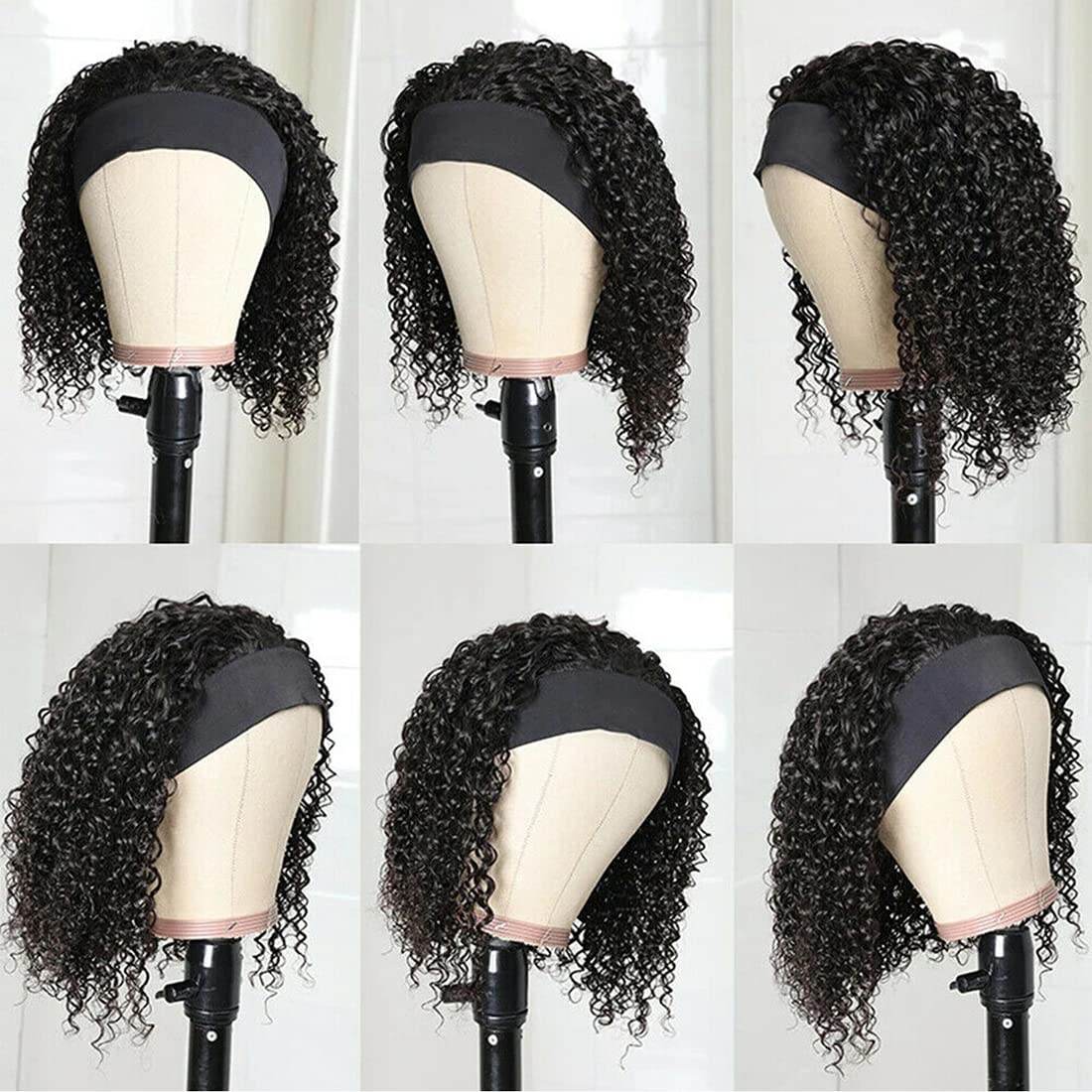 Youngirl Deep Wave Headband Wig Human Hair 12 Inch Curly Headband Wigs for Black Women Human Hair Glueless None Lace Front Wigs Brazilian Virgin Hair Wig Machine Made 150% Density Natural Black Color