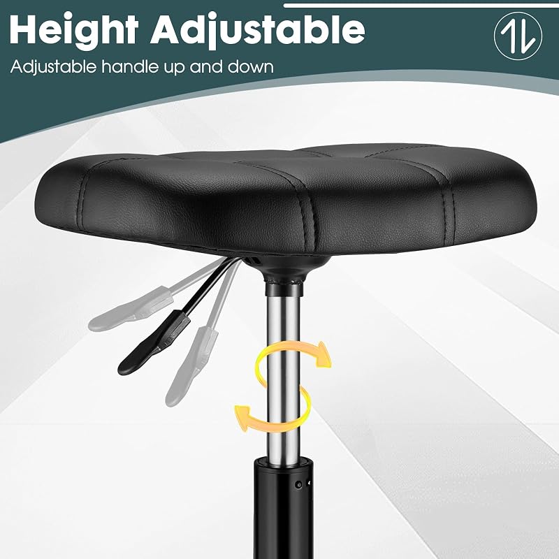 Height Adjustable Rolling Stool with Wheels - Square PU Leather Salon Chair, 19.6-25.5 in