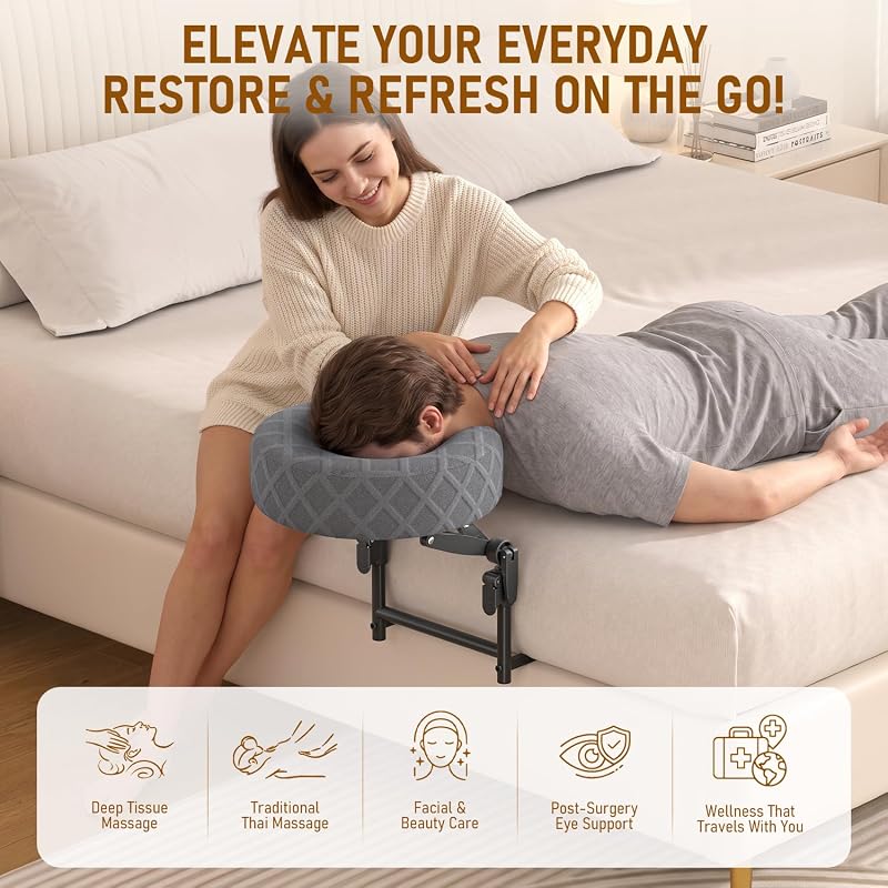 Massage Headrest for Bed with Grey Face Cradle, Height Adjustable to 19 in
