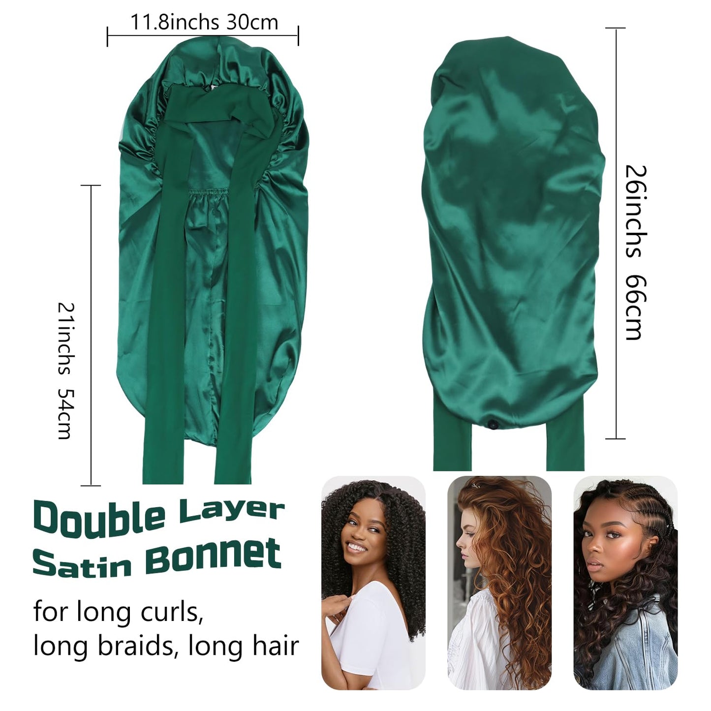Bonnet for Braids, Double Sided Long Braid Bonnets for Black Women, Satin Silk Hair Bonnet for Sleeping Long Hair Sleep Cap with Tie Band - Hunter Green