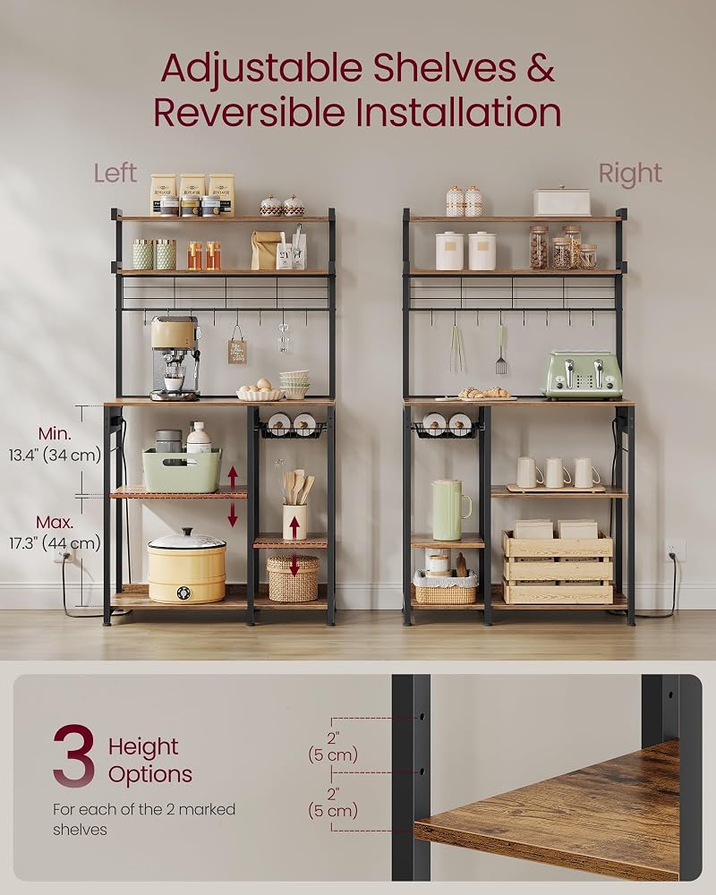 VASAGLE Rustic Brown 35.4W Baker's Rack with Power Outlet, 2 Lower Shelves & 8 Hooks