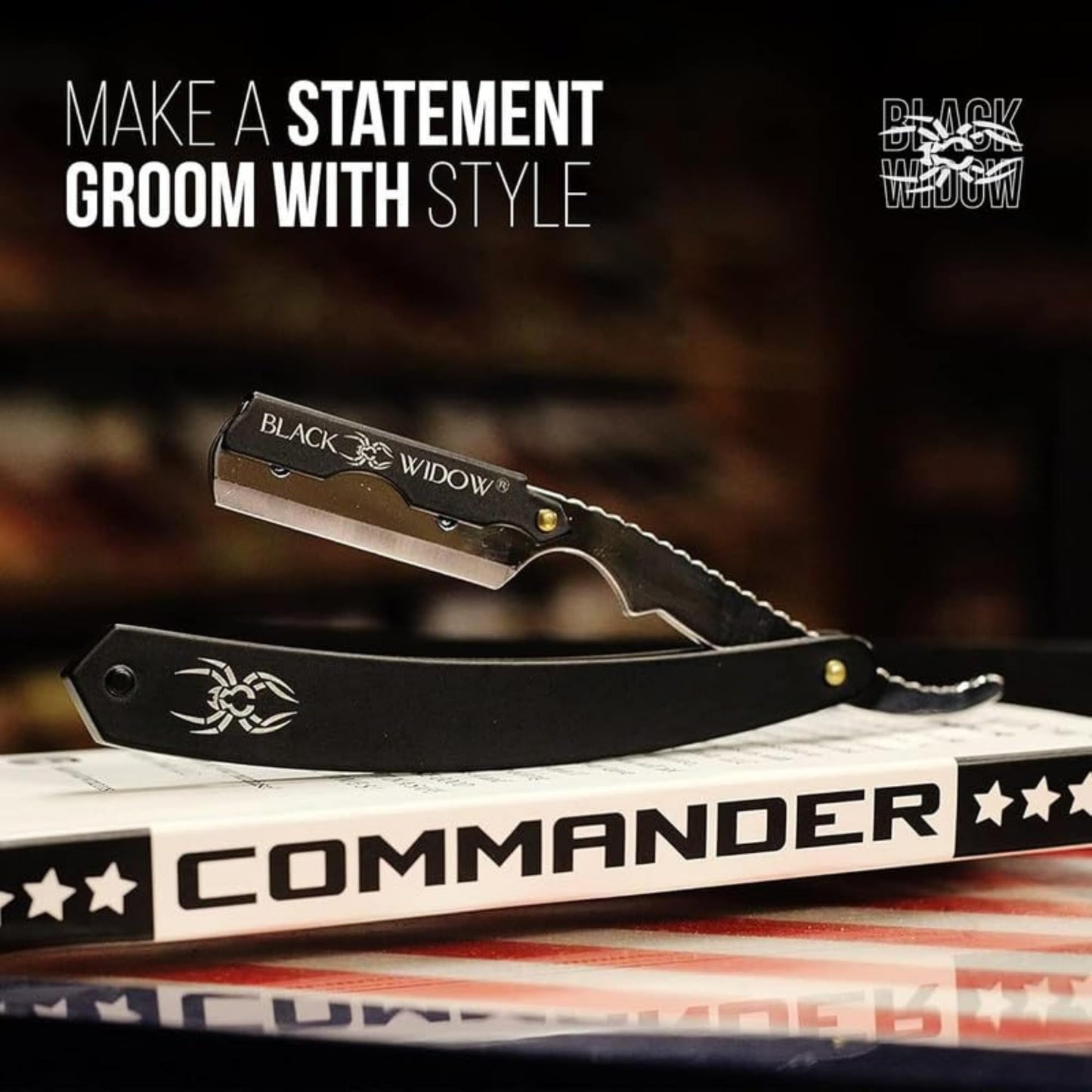 Black Widow Professional Barber Straight Edge Razor – Stainless Steel Shavette, 1.5 mm Blade Exposure, Matte Black & chrome, 10 Double Edge Blades (20 Single-Edge) for Lineups & Beard Shaping