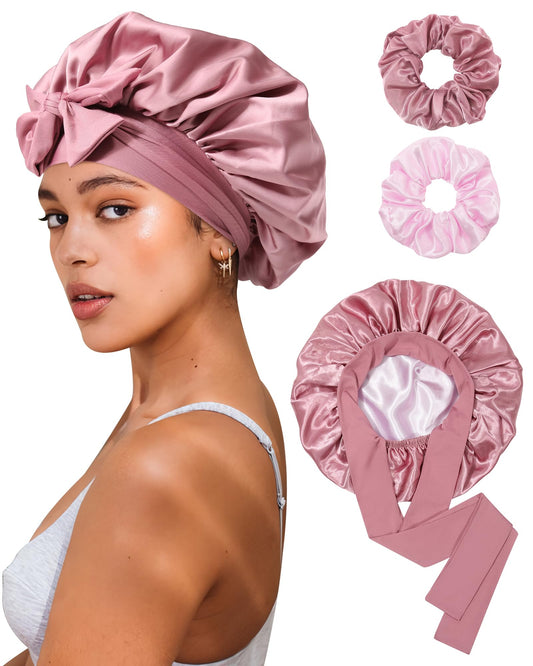 Reversible Satin Bonnet for Sleeping Women - Double Layer Hair Wrap with 2PCS Scrunchies & Elastic Tie Band - Night Cap for Natural Curly Hair (Bean Paste + Pink)