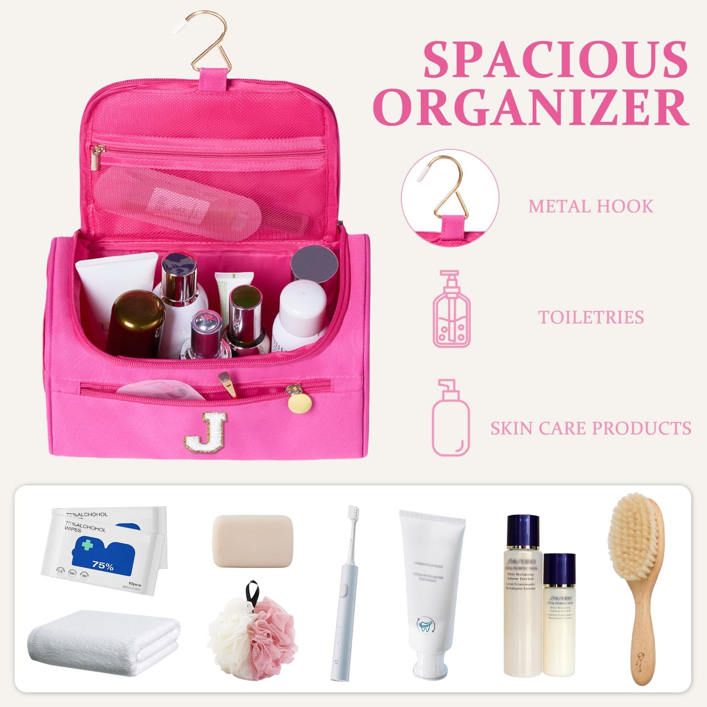 COSHAYSOO Cool First Communion Confirmation Gifts Baptism Dance Recital Trip Favor Gifts for Women Teen Girls Travel, Monogrammed Initial Hanging Toiletry Bag Waterproof Toiletries Hot Pink Letter J