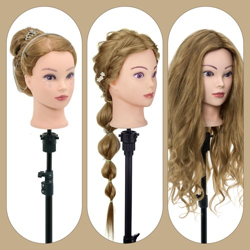 28" Mannequin Head Human Hair, Mannequin Head with 60% Real Hair,Cosmetology Mannequin Doll Head for Hair Styling,Training Practice Braiding Manikin Head with Table Clamp,Hair Styling Set #27