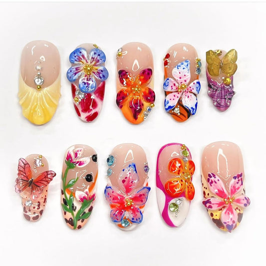 Flower Press on Nails Long Almond Fake Nails 3D Floral Colorful Butterfly Rhinestone Design French Tip False Nail Spring Summer Stick on Nails Acrylic Glue on Nail Art DIY Manicure Supplies