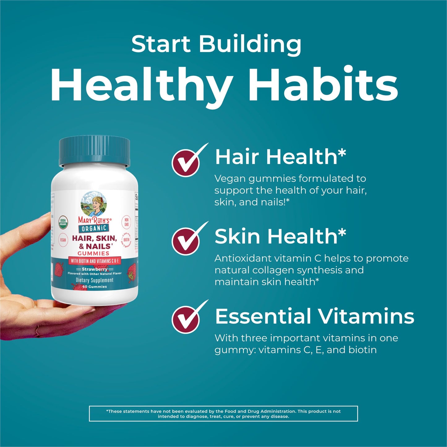MaryRuth Organics Hair | Skin | and Nails Vitamins | Biotin Gummies with Vitamin C & Vitamin E | Hair Growth Vitamins | Skin Care | Nail Strength | USDA Organic Gummies for Ages 14+ | 60 Count