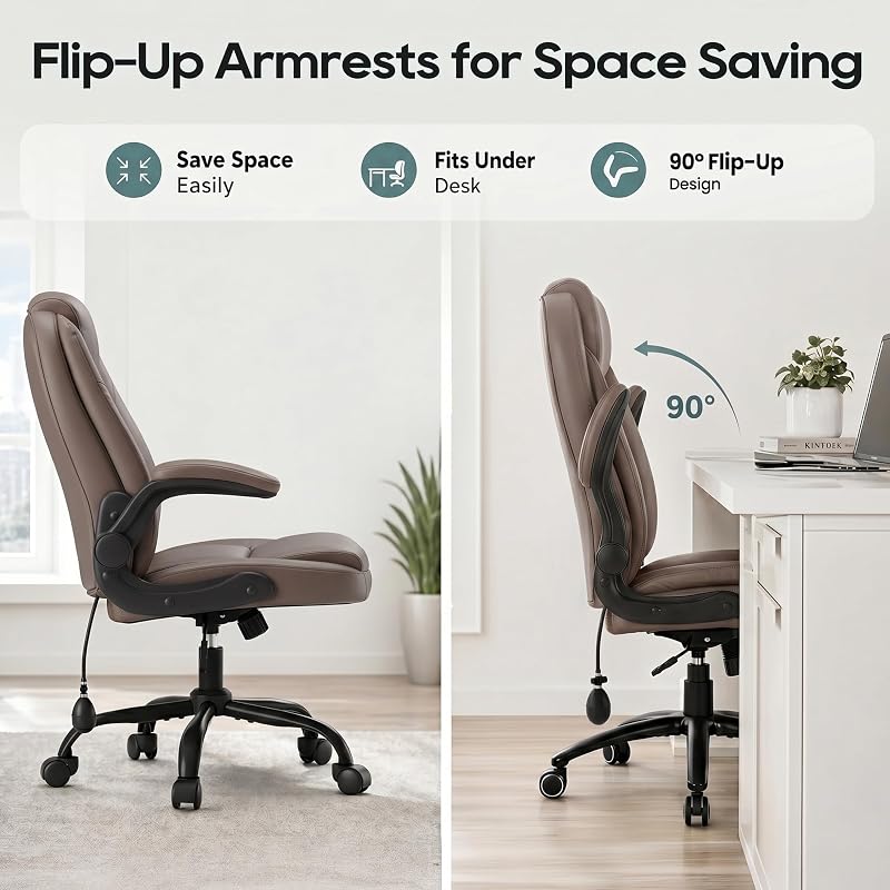 MALOL Leather Office Chair with Flip-Up Arms, Brown – Variation: Brown+Set of 1