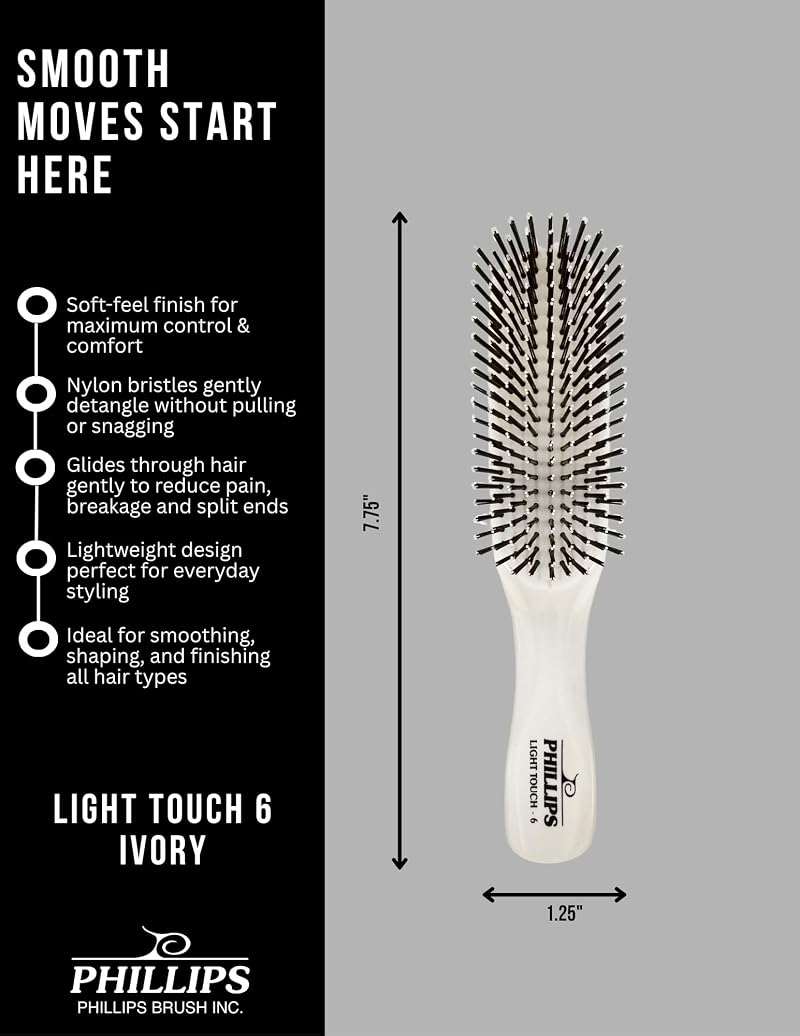 Light Touch Detangling Hair Brush Full Size Ivory White - 7.75In, 186 Tufts