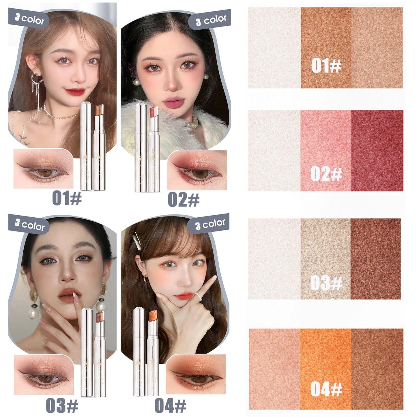 XIRUJNFD Roseionly Waterproof Gradient Shimmer Eye-Shadow Stick, Waterproof & Long-Lasting Eye Shadow Pencil, Three-Color Glitter Gradient Eyeshadow, Eyeshadow Shadow Pen Stick (04#*1)
