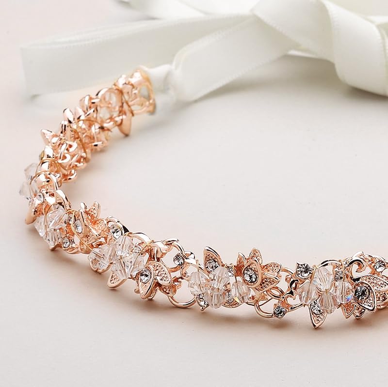 Mariell Rose Gold Crystal Cluster Bridal Headband Hair Vine with Ribbon - Variation Rose Gold