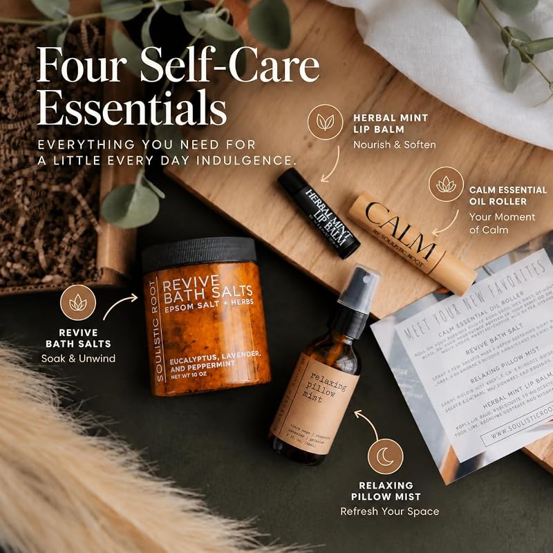 Relaxing Spa Gift Set - Pillow Spray, Mint Lip Balm, Calming Oil Roller & Epsom Salt Bath Soak