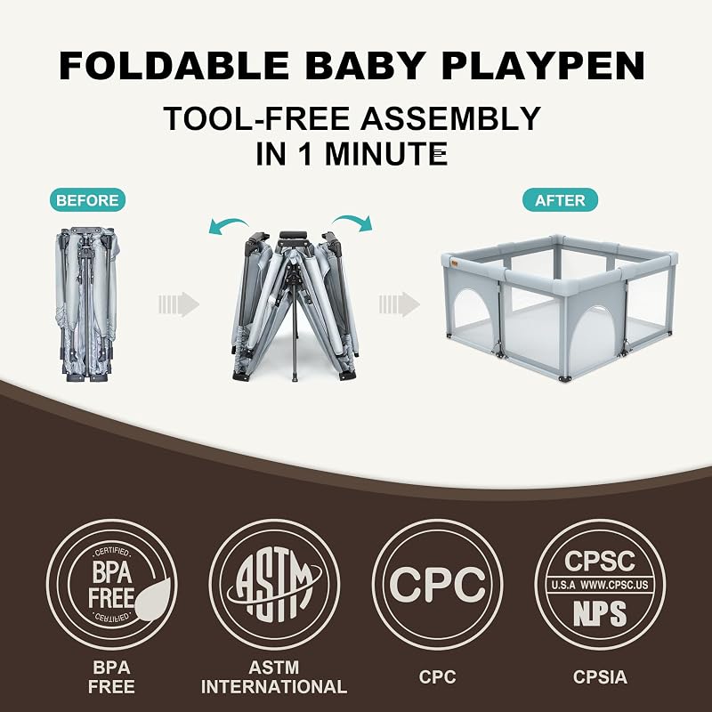 Foldable Baby Playpen 50x50 Inches - Portable Indoor Outdoor Safety Fence