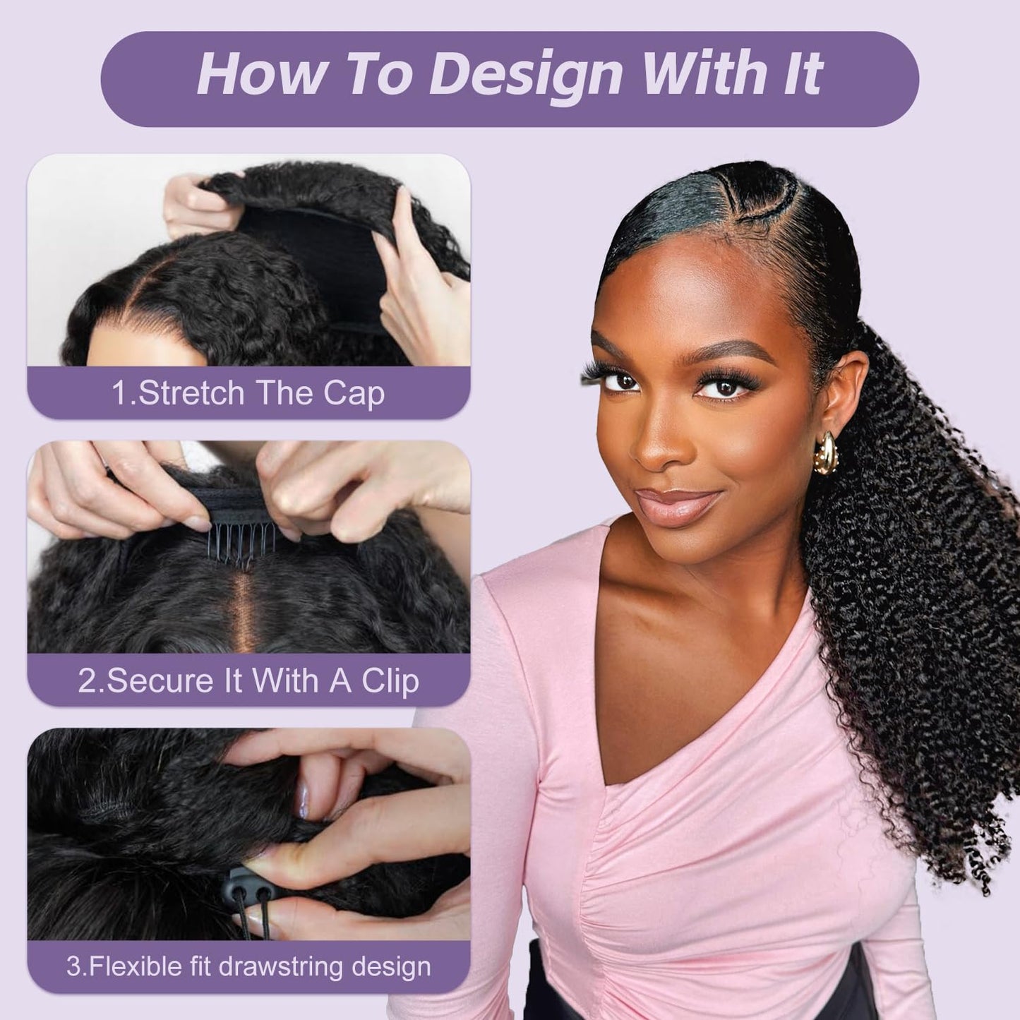 OQ Hair Afro Curly Half Wig Human Hair 180% Density 3 In 1 Beginner Friendly Glueless Wear and Go Kinky Curly Half Human Hair Wig for Women 20 Inch