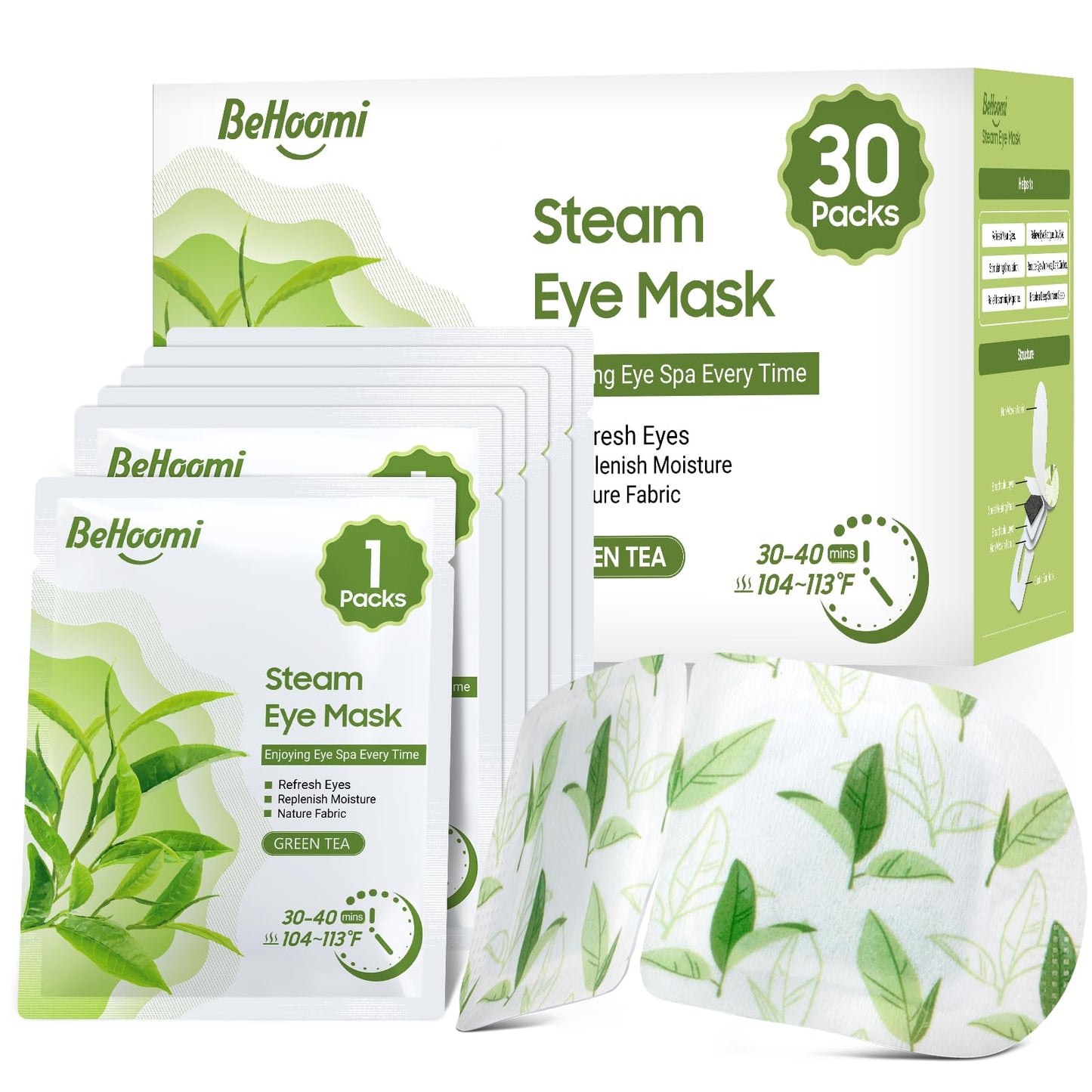 BeHoomi 30Packs Steam Eye Mask, Heated Eye Mask Warm Compress for Eyes, Self Heating Warm Eye Masks Disposable Steam Mask for Home Sleep, Spa, Travel Essentials & Relaxation Gifts (Green Tea)