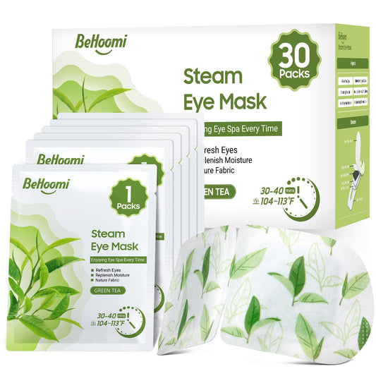 BeHoomi 30Packs Steam Eye Mask, Heated Eye Mask Warm Compress for Eyes, Self Heating Warm Eye Masks Disposable Steam Mask for Home Sleep, Spa, Travel Essentials & Relaxation Gifts (Green Tea)