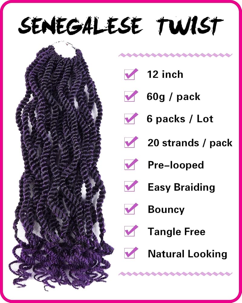 6 Packs 12 Inch Crochet Senegalese Twist Hair for Kids & Women 1B Purple by TOZIKA - Pre-Looped, 120 Strands