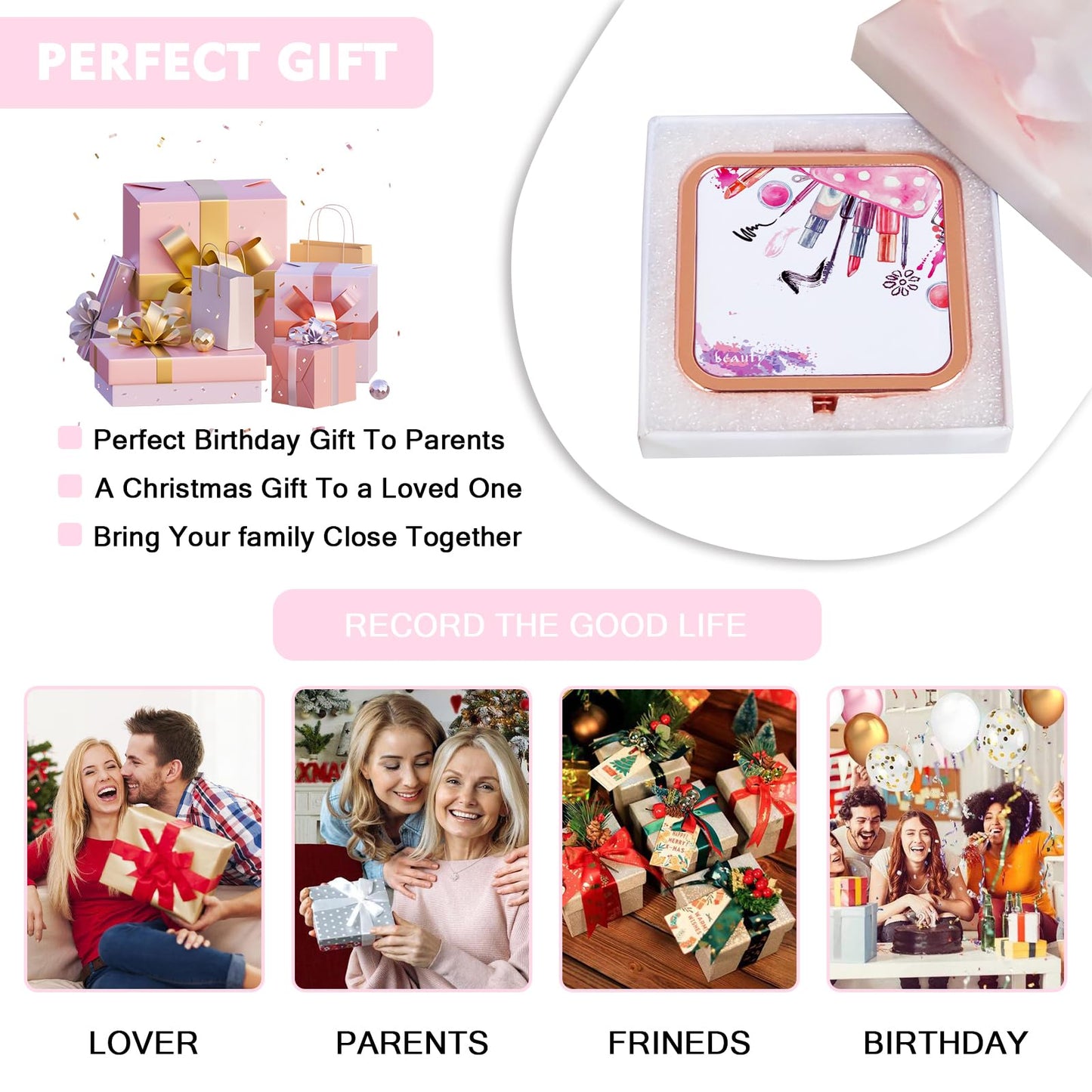 Compact Mirror, Pocket Travel Makeup Mirror, Double-Sided 2X / 1X Magnification, Small Folding Portable Handheld, 2.8 in Rose Gold