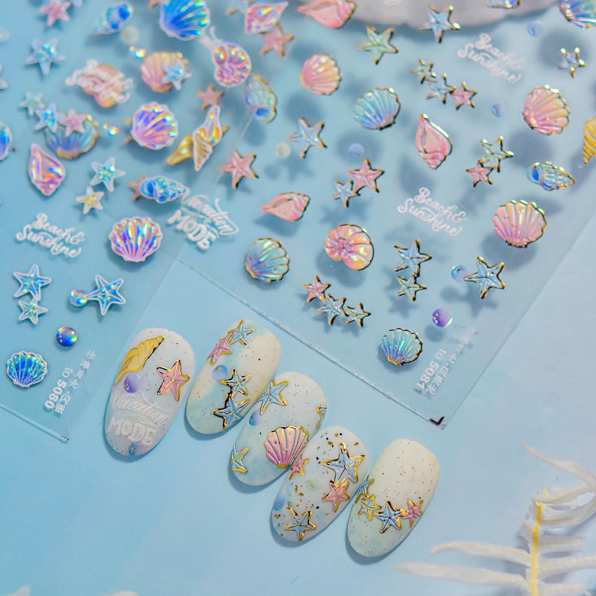 1 Sheet Marine Life Nail Stickers Shell Light Nail Design Stickers 5D Embossed Starfish Shell Self-Adhesive Nail Decal Acrylic Nails Art Supplies for Women DIY Summer Manicure Decoration