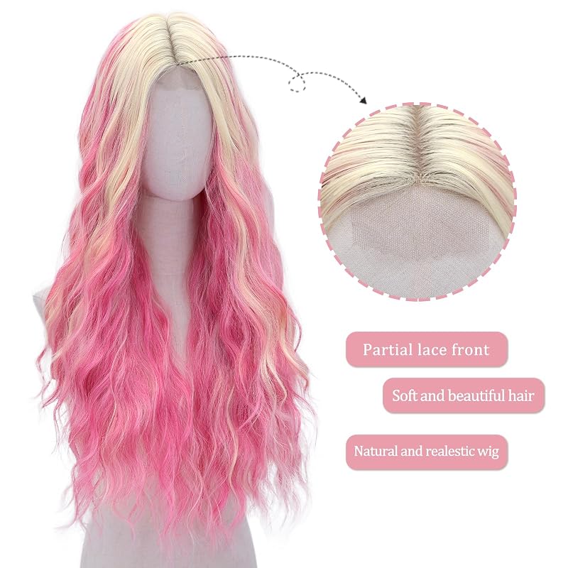 Pink Blonde 28 Inch Wavy Lace Front Wig - Long Synthetic Hair for Women, Variation: Pink Blonde+28 Inch