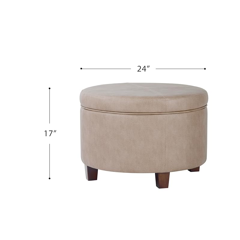 Storage Ottoman with Faux Leather - Round Taupe Brown, 17x24, Lift-Top