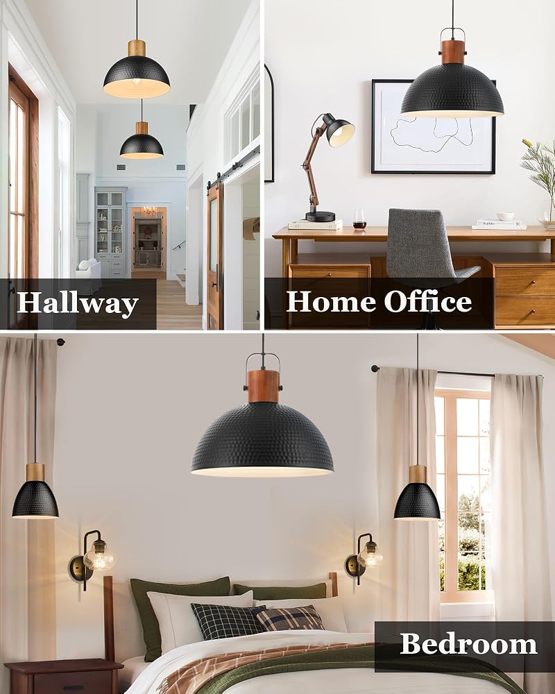 ELYONA 16 Inch Ash Wood Hammered Pendant Light - Black, 1 Pack, Dimmable Ceiling Lamp