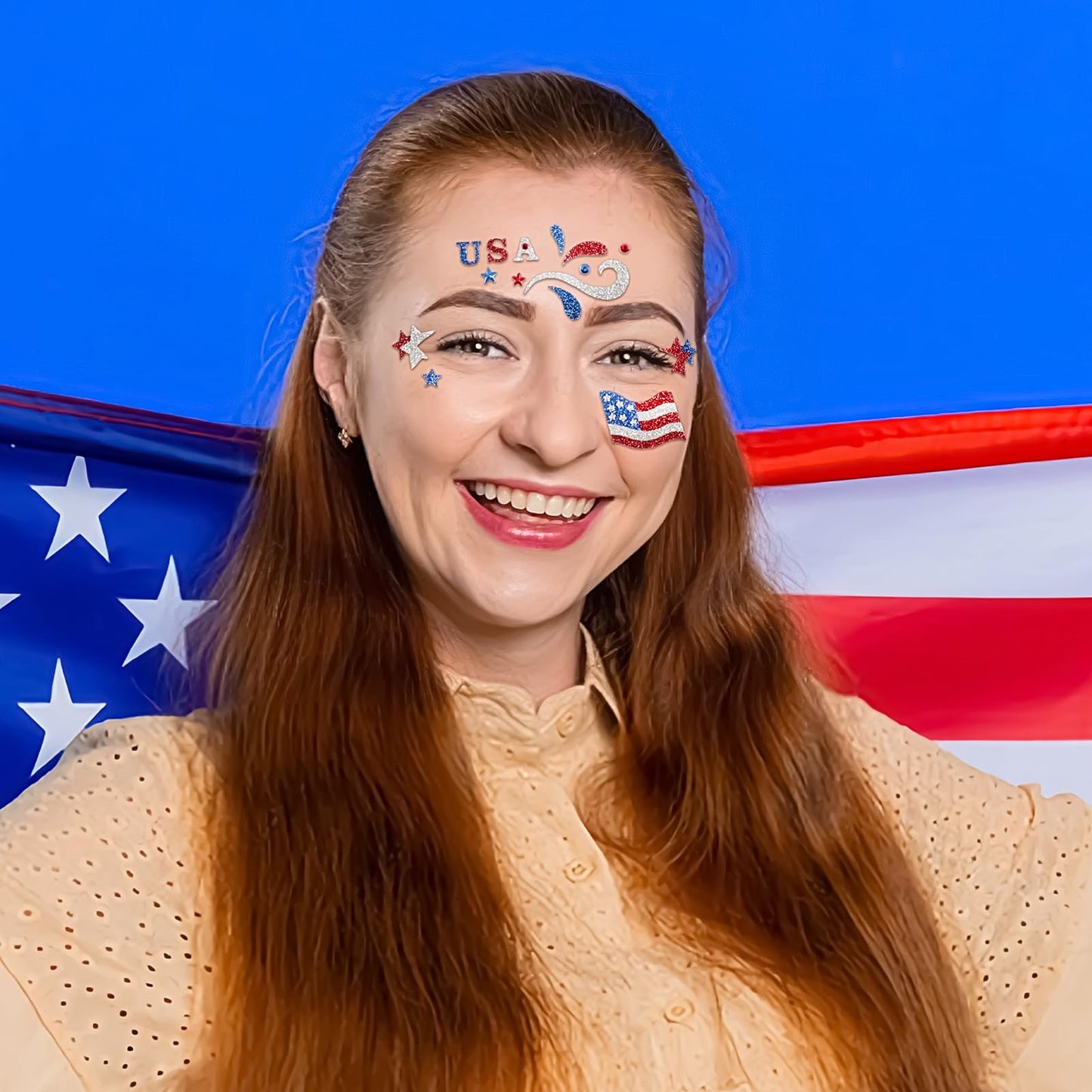 USA Flag Stars Face Stickers Patriotic Face Gems Face Jewels Self-Adhesive Festival Star Rhinestone Stickers for Face, Eye, Makeup, Stick on Gems,4th July Costume Accessories 2PCS (Style 1)