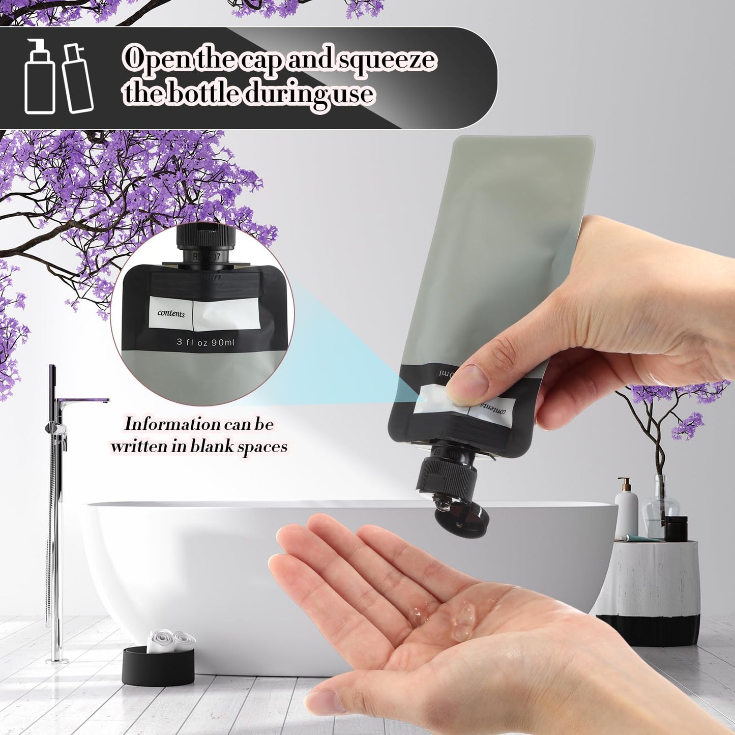 Funnymoom 3 oz 60 Pack Leakproof Empty Squeeze Pouches Refillable Travel Size Containers Liquid Pouches for Toiletries TSA Approved Travel Lotion