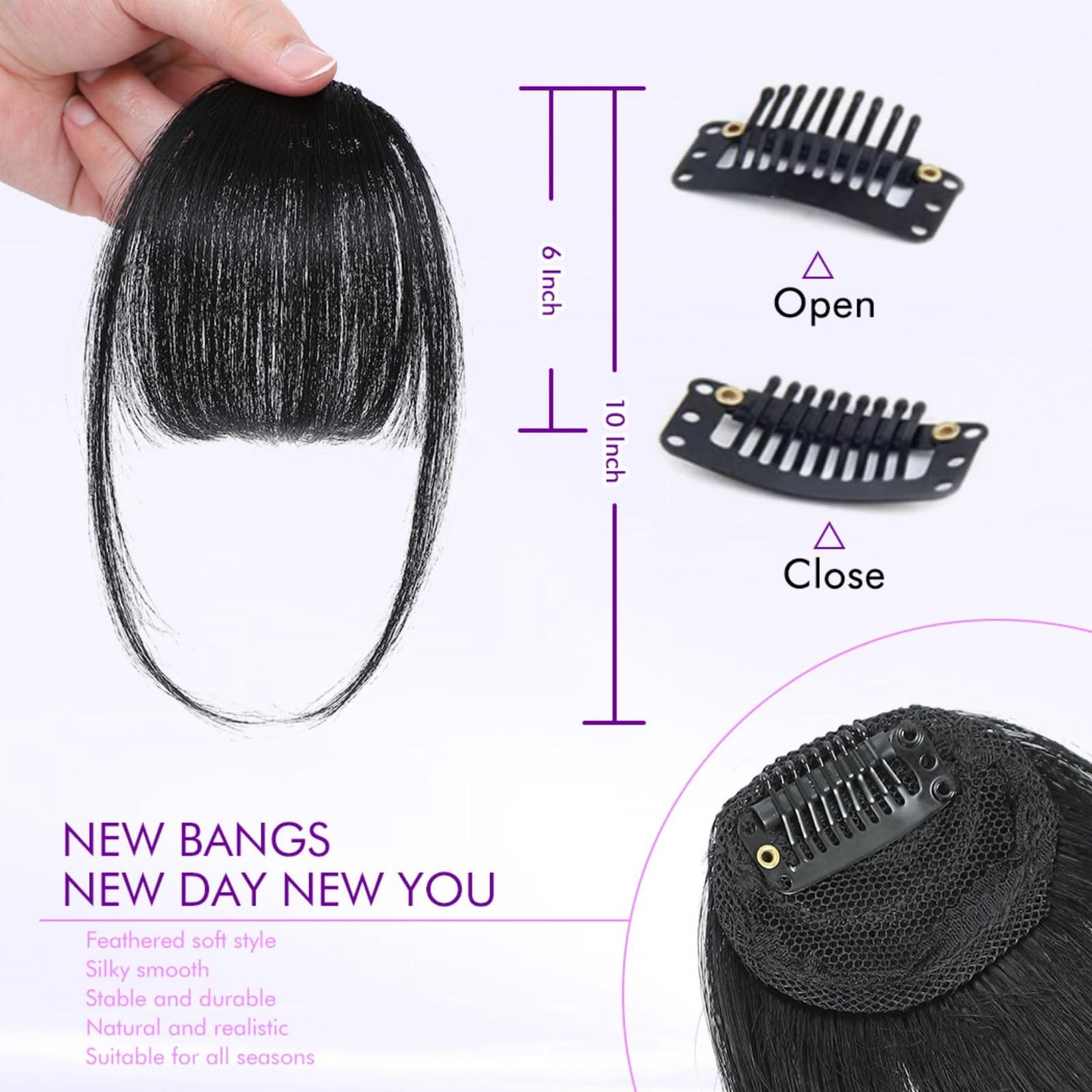 ELEFOCUS Clip-on Natural Black Human Hair Extensions - Wispy Bangs with Temples for Daily Wear