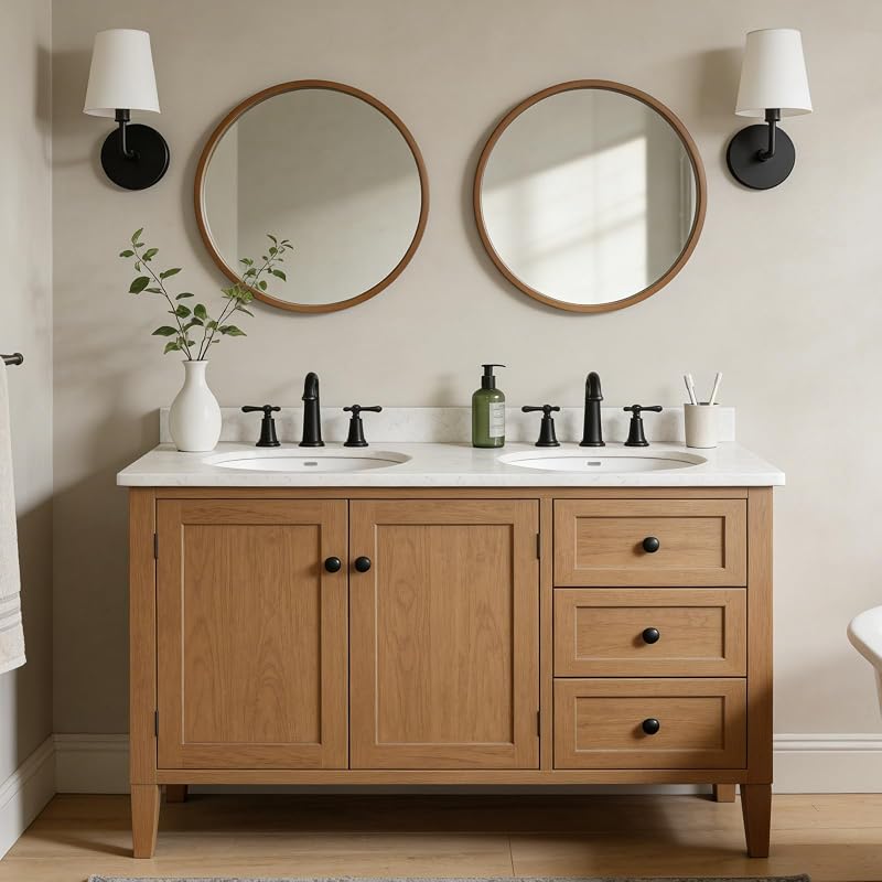24-Inch Natural Round Wood Mirror with Circle Frame - Wall-Ment Bathroom & Living Room