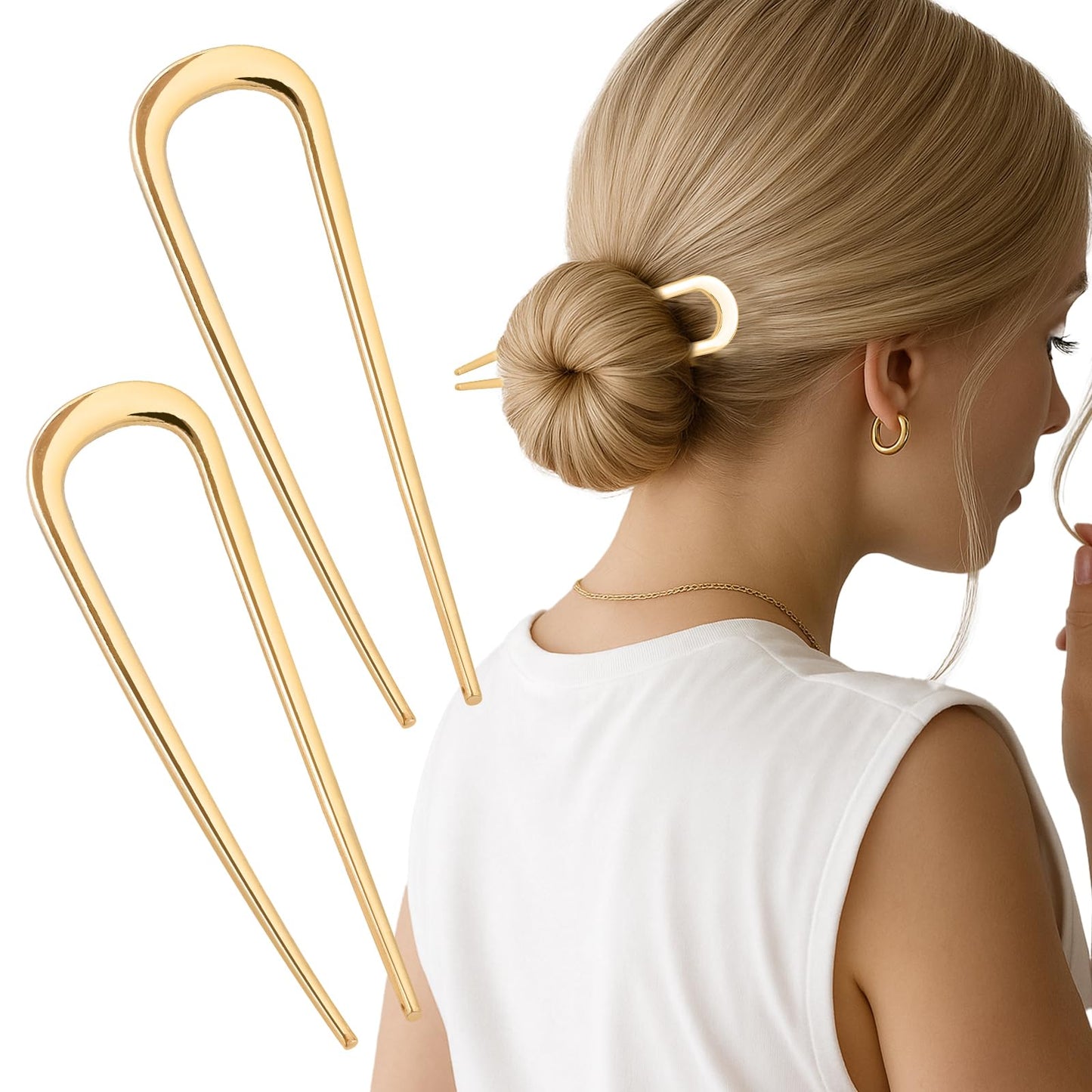 JIRIS 2PCS 4.2Inch French Hair Pins U-Shaped Pins for Women and Girls Fashion Metal Hair Pin French Twist Hair Pins for Buns, Updos,Stylish and Functional(set1-gold)