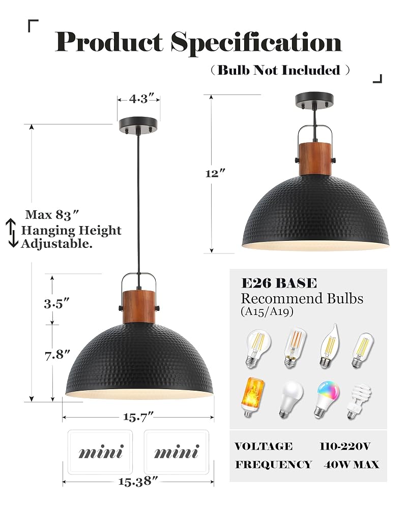 ELYONA 16 Inch Ash Wood Hammered Pendant Light - Black, 1 Pack, Dimmable Ceiling Lamp